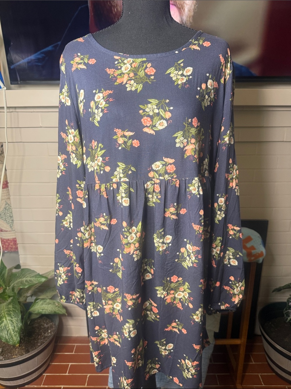 Floral Long-Sleeve Navy Babydoll Dress